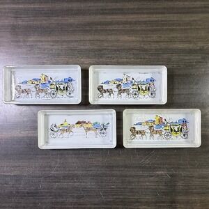 Vintage‎ Glass Dresser Trays Set of 4 Horse Drawn Carriage Trinket Dishes